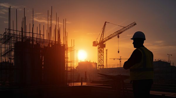 Construction crane silhouetted against a sunset